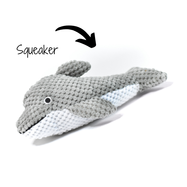 Patchwork Pet Dolphin Plush Dog Toy with Side View of toy and Description